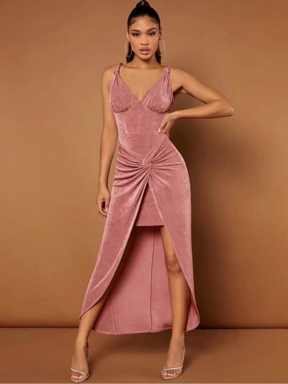 Ruched Velvet High-Low Pink Dress